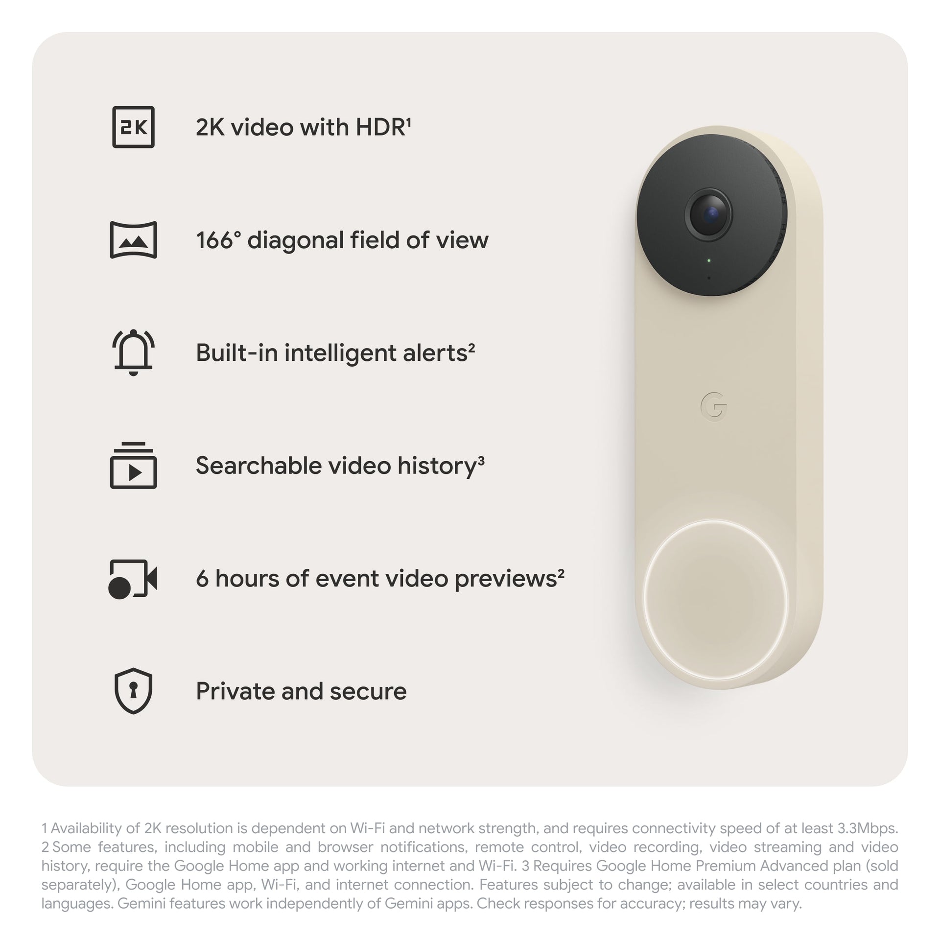 Google Nest Doorbell (Wired, 3rd Gen) - Video Doorbell Camera with 2K Video - Works with Google Home - With Gemini - Linen