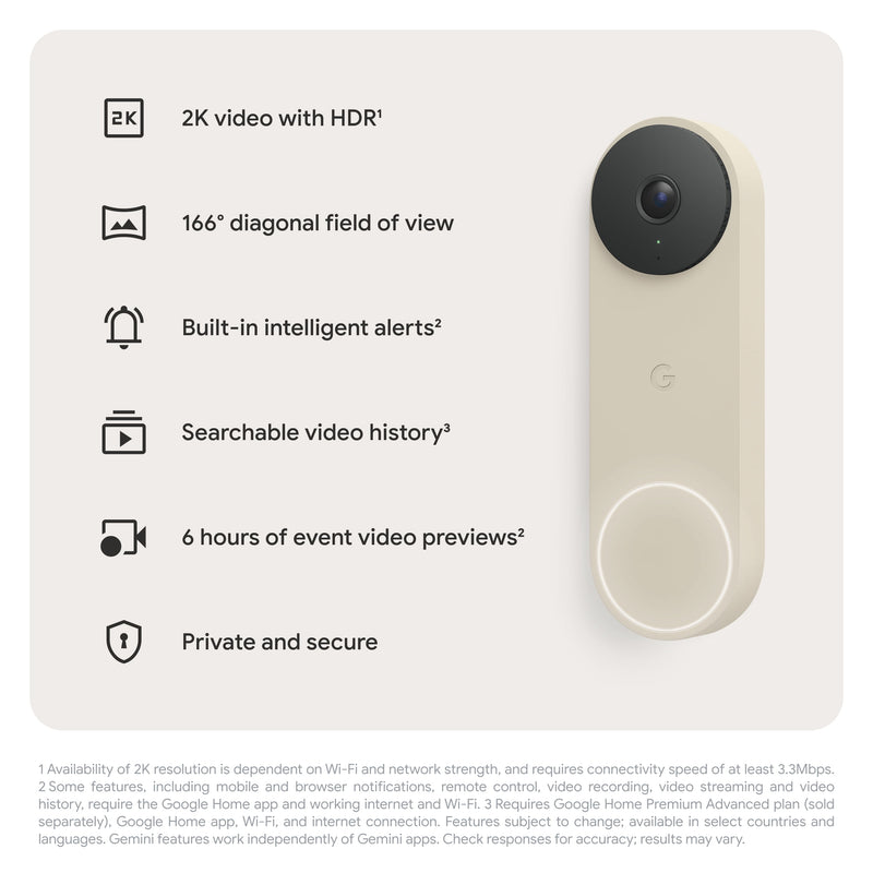 Google Nest Doorbell (Wired, 3rd Gen) - Video Doorbell Camera with 2K Video - Works with Google Home - With Gemini - Linen-2