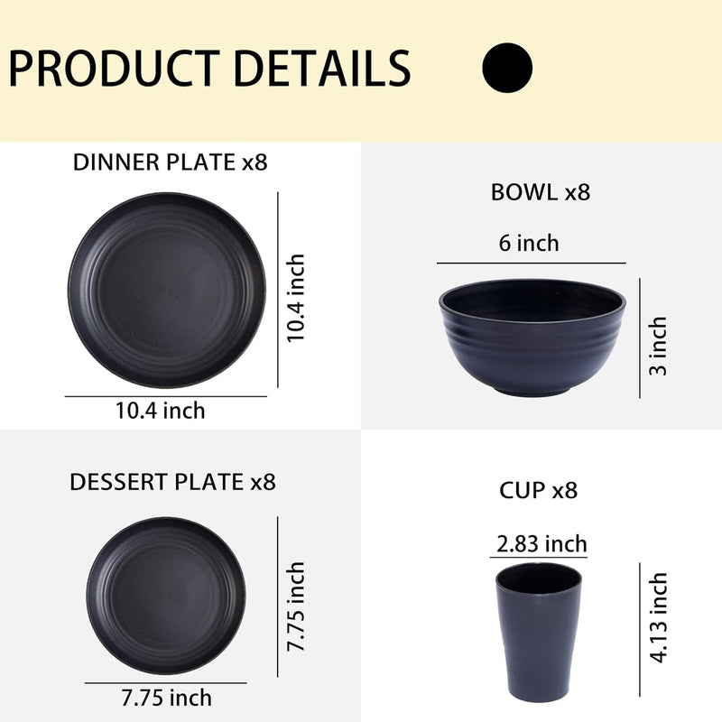 Supernal Wheat Straw Dinnerware Sets,Unbreakable Dinner Plates for 8,Microwave Dishwasher Safe,Reusable Dinnerware,Black Set 16pcs Plates, 8pcs Bowls, 8pcs Cups.-3