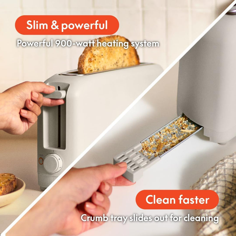 bella 2 Slice Slim Toaster, Fits-anywhere™ Kitchenware, 6 Setting Shade Control with Reheat & Cancel Buttons, Removable Crumb Tray, 10” Long Slot, Anti Jam & Auto Shutoff, 900 Watt, Oatmilk-1