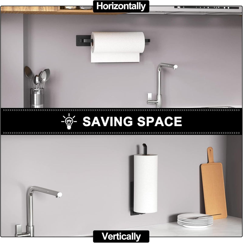 Paper Towel Holder - Self-Adhesive or Drilling, Matte Black, Upgraded Aluminum Kitchen Roll Dispenser Under Cabinet, Lighter but Stronger Than Stainless Steel!-2