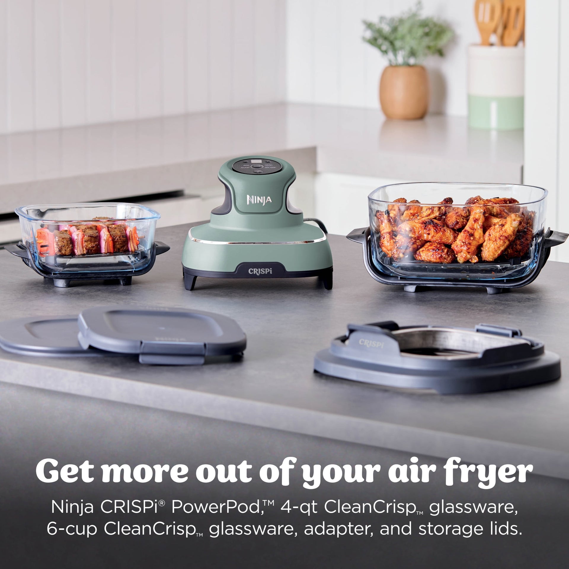 Ninja Crispi 4-in-1 Glass Air Fryer, 4 Qt & 6 Cup Containers, Designed Non-Toxic, Sage FN101SG