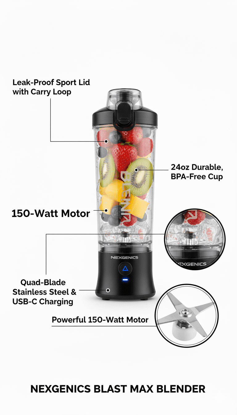 NEXGENICS Blast MAX Personal Cordless Blender for Smoothies, Frozen Drinks, Ice Crush, 20 oz. Twist & Go Vessel, Black-4