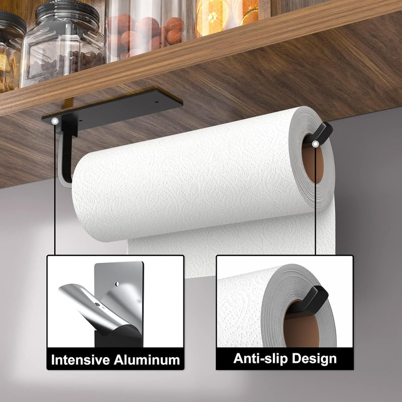 Paper Towel Holder - Self-Adhesive or Drilling, Matte Black, Upgraded Aluminum Kitchen Roll Dispenser Under Cabinet, Lighter but Stronger Than Stainless Steel!-3
