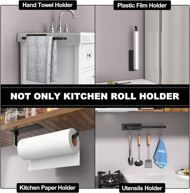 Paper Towel Holder - Self-Adhesive or Drilling, Matte Black, Upgraded Aluminum Kitchen Roll Dispenser Under Cabinet, Lighter but Stronger Than Stainless Steel!-1
