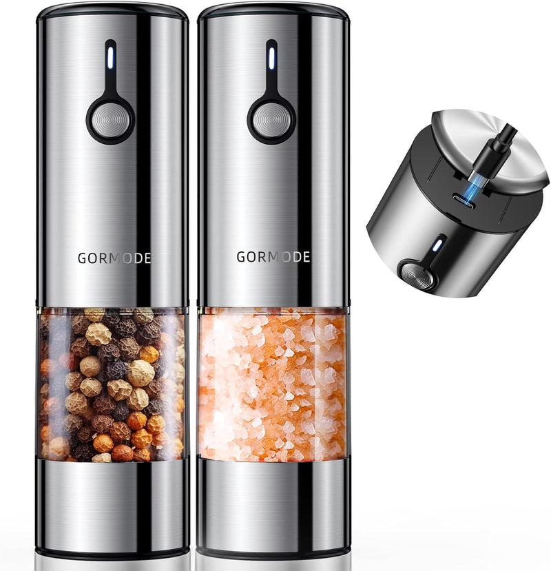 Large Capacity Rechargeable Electric Salt and Pepper Grinder Set -USB Charging Port with Sliding Dust Cover; Automatic Salt and Pepper Mill Grinder With LED Light-6 Adjustable Grinding Modes-4