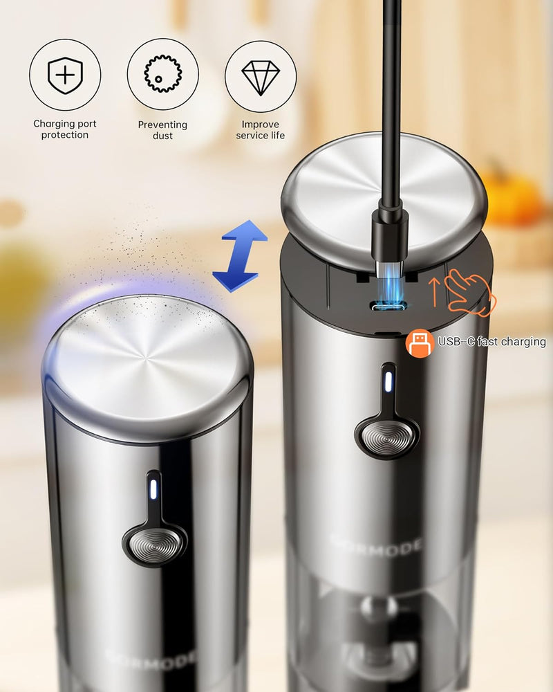 Large Capacity Rechargeable Electric Salt and Pepper Grinder Set -USB Charging Port with Sliding Dust Cover; Automatic Salt and Pepper Mill Grinder With LED Light-6 Adjustable Grinding Modes-3