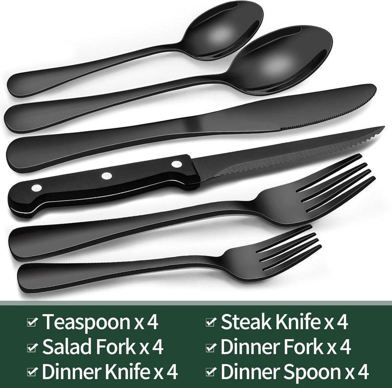 24-Piece Black Silverware Set with Steak Knives, Black Flatware Set for 4, Food-Grade Stainless Steel Tableware Cutlery Set, Mirror Finished Utensil Sets for Home Restaurant-3