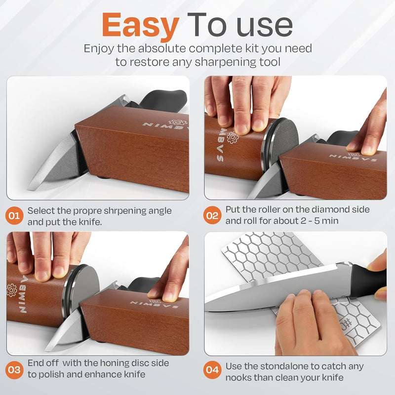 Rolling Knife Sharpener Kit with Diamond & Ceramic Sharpening System – 1000# Grit Whetstone, 15° & 20° Magnetic Angles, Non-Slip Base, Professional Sharpening Kit for Kitchen & All Blade Types-3