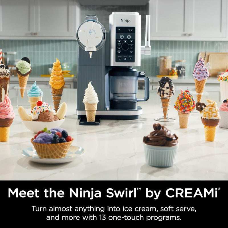 Ninja Swirl by CREAMi Ice Cream and Soft Serve Maker, Sorbet, Milkshake, Frozen Yogurt, Low Calories Program & More, 13-in-1, Soft Serve Handle, (2) CREAMi Swirl 16oz Pints, For Kids & ALL ages, NC701-7