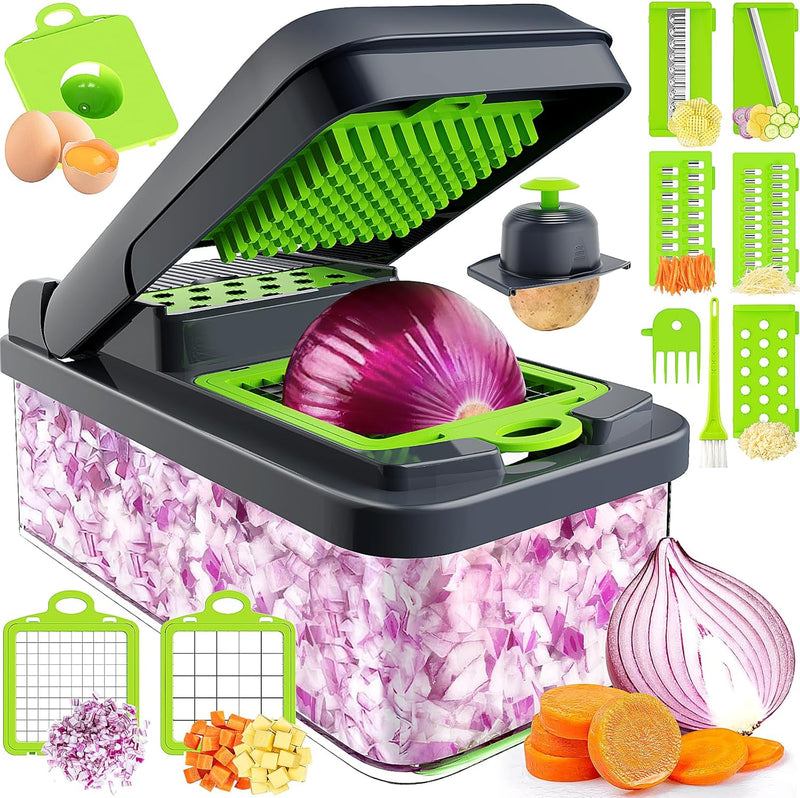 12-in-1 Vegetable Chopper, 7 Blade Veggie Chopper, Practical Food Chopper with Container, Cheese Grater, Home Essentials & Kitchen Gadgets(Green/Grey)-4