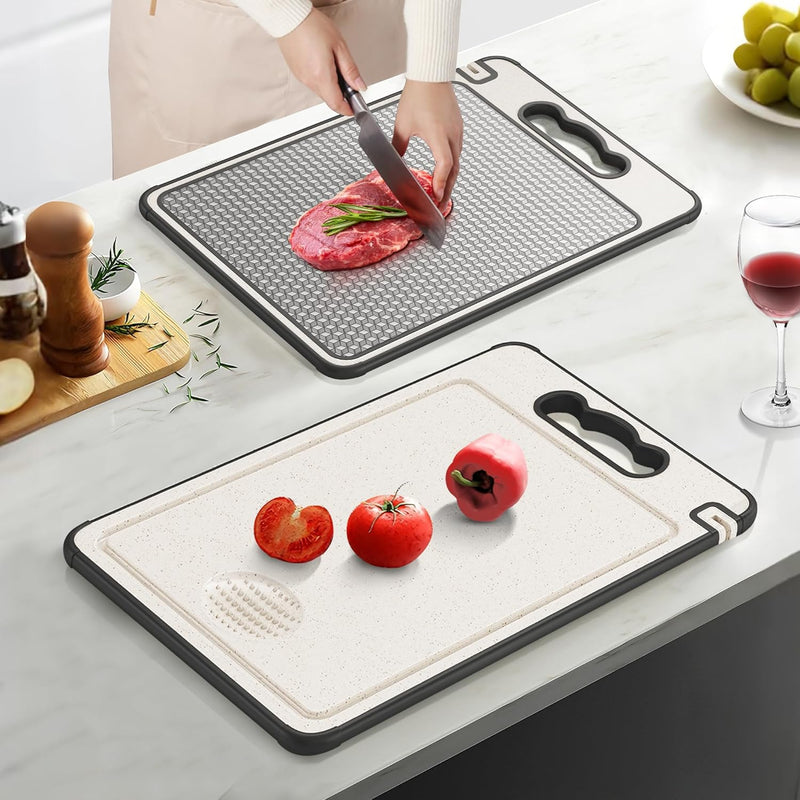 Titanium Cutting Board Double Sided 14.4”×9.8”,Titanium/Wheat Straw Non Toxic Lightweight Chopping Board for Kitchen,Separately Handle Meat and Vegetables,Scratch Resistant Mesh Design,Dishwasher Safe-1