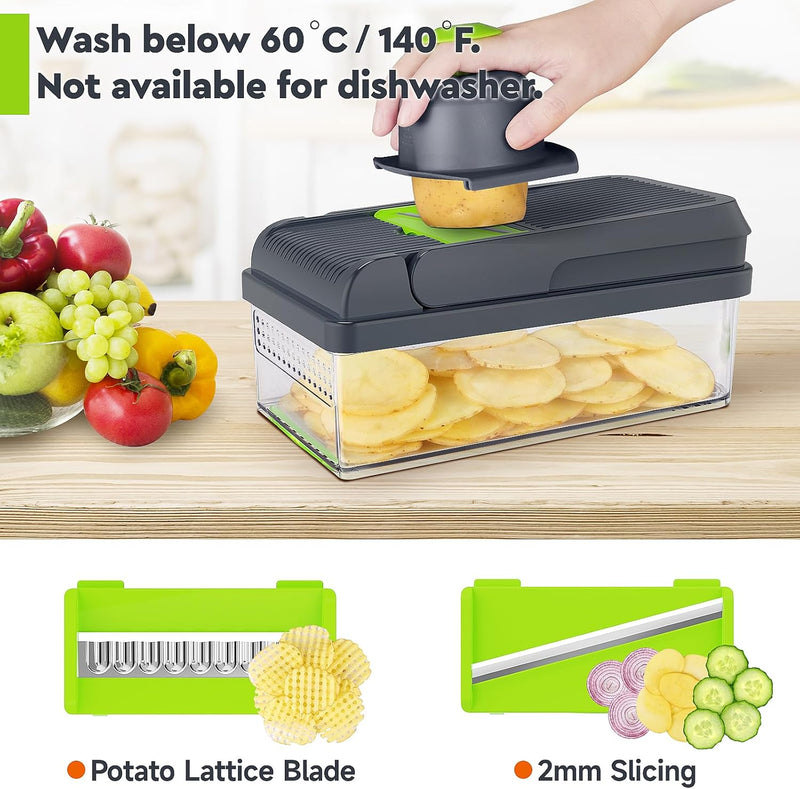 12-in-1 Vegetable Chopper, 7 Blade Veggie Chopper, Practical Food Chopper with Container, Cheese Grater, Home Essentials & Kitchen Gadgets(Green/Grey)-2