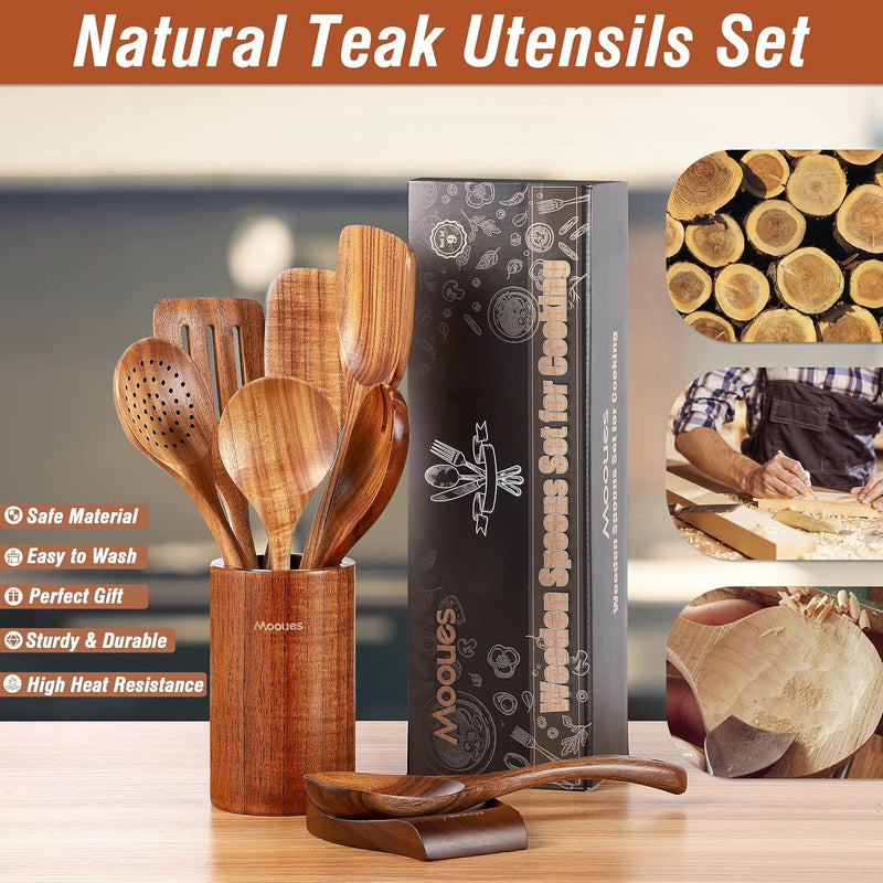 9 Piece Natural Teak Wooden Kitchen Utensil Set with Spoon Rest - Comfort Grip Cooking Spoons and Utensils Holder-2