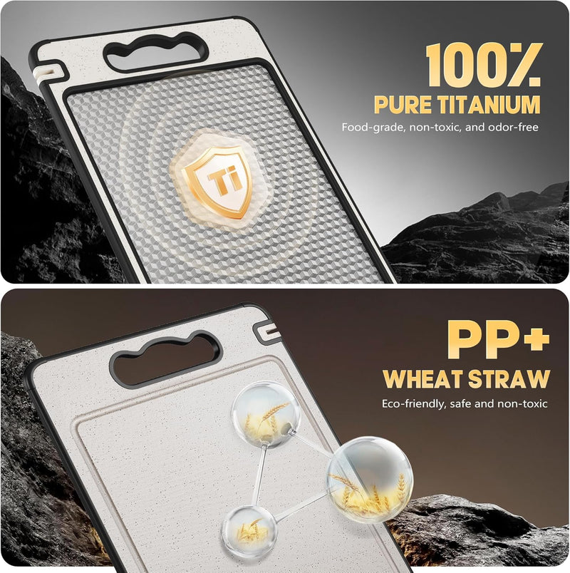 Titanium Cutting Board Double Sided 14.4”×9.8”,Titanium/Wheat Straw Non Toxic Lightweight Chopping Board for Kitchen,Separately Handle Meat and Vegetables,Scratch Resistant Mesh Design,Dishwasher Safe-2