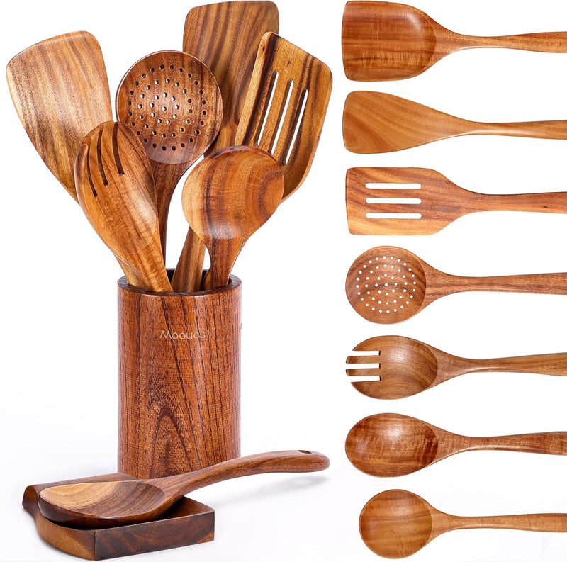 9 Piece Natural Teak Wooden Kitchen Utensil Set with Spoon Rest - Comfort Grip Cooking Spoons and Utensils Holder-4