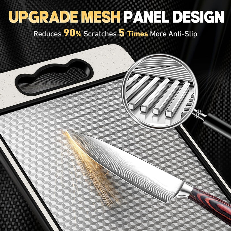 Titanium Cutting Board Double Sided 14.4”×9.8”,Titanium/Wheat Straw Non Toxic Lightweight Chopping Board for Kitchen,Separately Handle Meat and Vegetables,Scratch Resistant Mesh Design,Dishwasher Safe-3