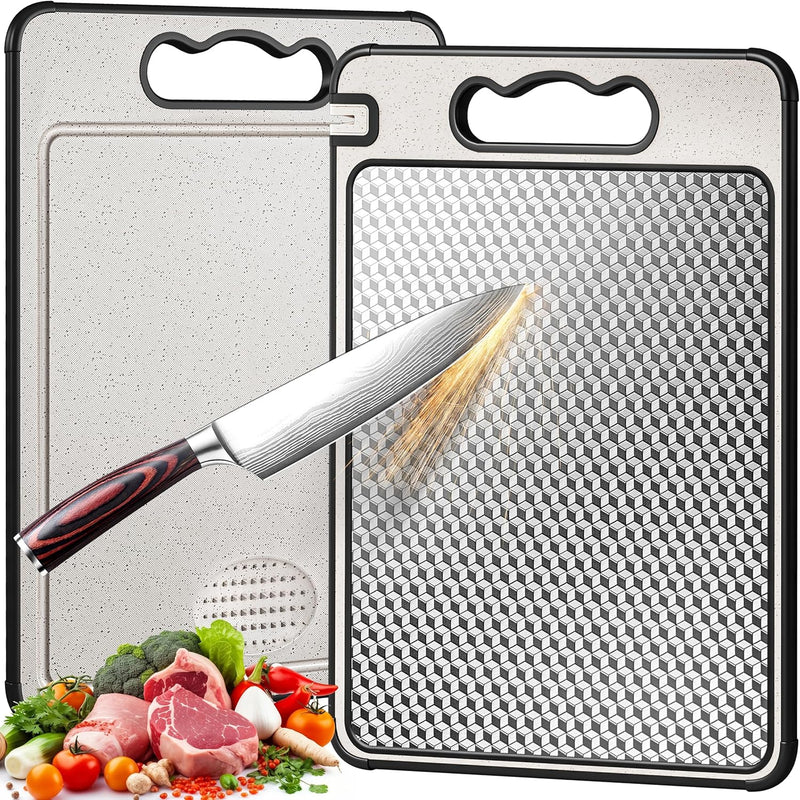 Titanium Cutting Board Double Sided 14.4”×9.8”,Titanium/Wheat Straw Non Toxic Lightweight Chopping Board for Kitchen,Separately Handle Meat and Vegetables,Scratch Resistant Mesh Design,Dishwasher Safe-4