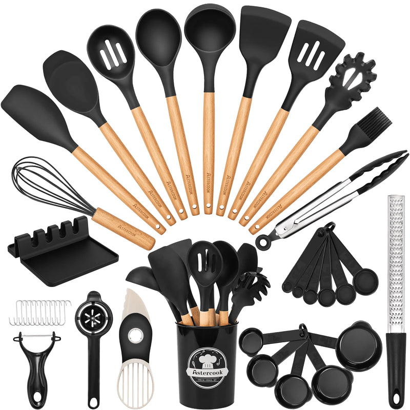 Astercook Silicone Cooking Utensils Set, 38 PCS Kitchen Utensils Set for 446°F Heat Resistant, Food Grade Utensil Sets with Wooden Handle, Kitchen Gadgets for Nonstick Cookware BPA Free (Black)-5