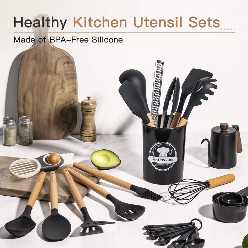 Astercook Silicone Cooking Utensils Set, 38 PCS Kitchen Utensils Set for 446°F Heat Resistant, Food Grade Utensil Sets with Wooden Handle, Kitchen Gadgets for Nonstick Cookware BPA Free (Black)-1