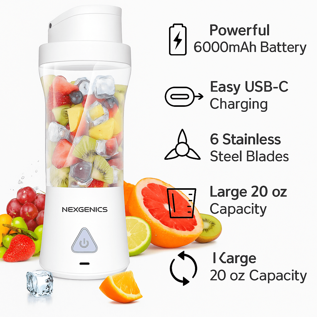 NEXGENICS Portable Blender – 6000mAh Rechargeable, Personal Juicer with Ice Crushing Power, Travel Bottle with Lid – USB-C, BPA-Free – for Smoothies, Protein & Shakes (White)