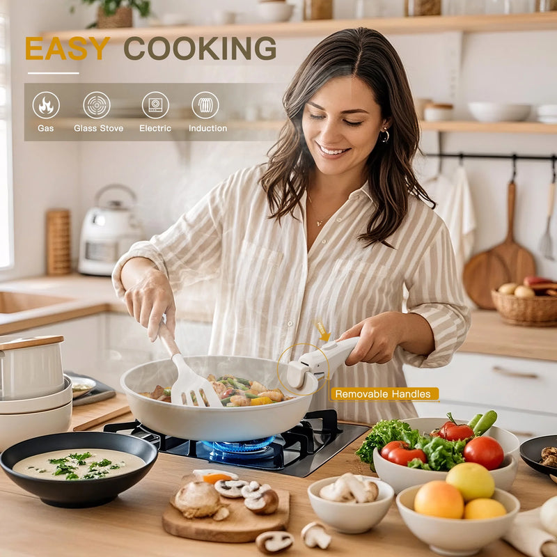 Astercook 20 Piece Ceramic Pots and Pans Set Non Stick, Cookware Set with Detachable Handle, Oven Safe, Induction Ready, Stackable RV Kitchen Cooking Set Removable Handles, Cream White-4